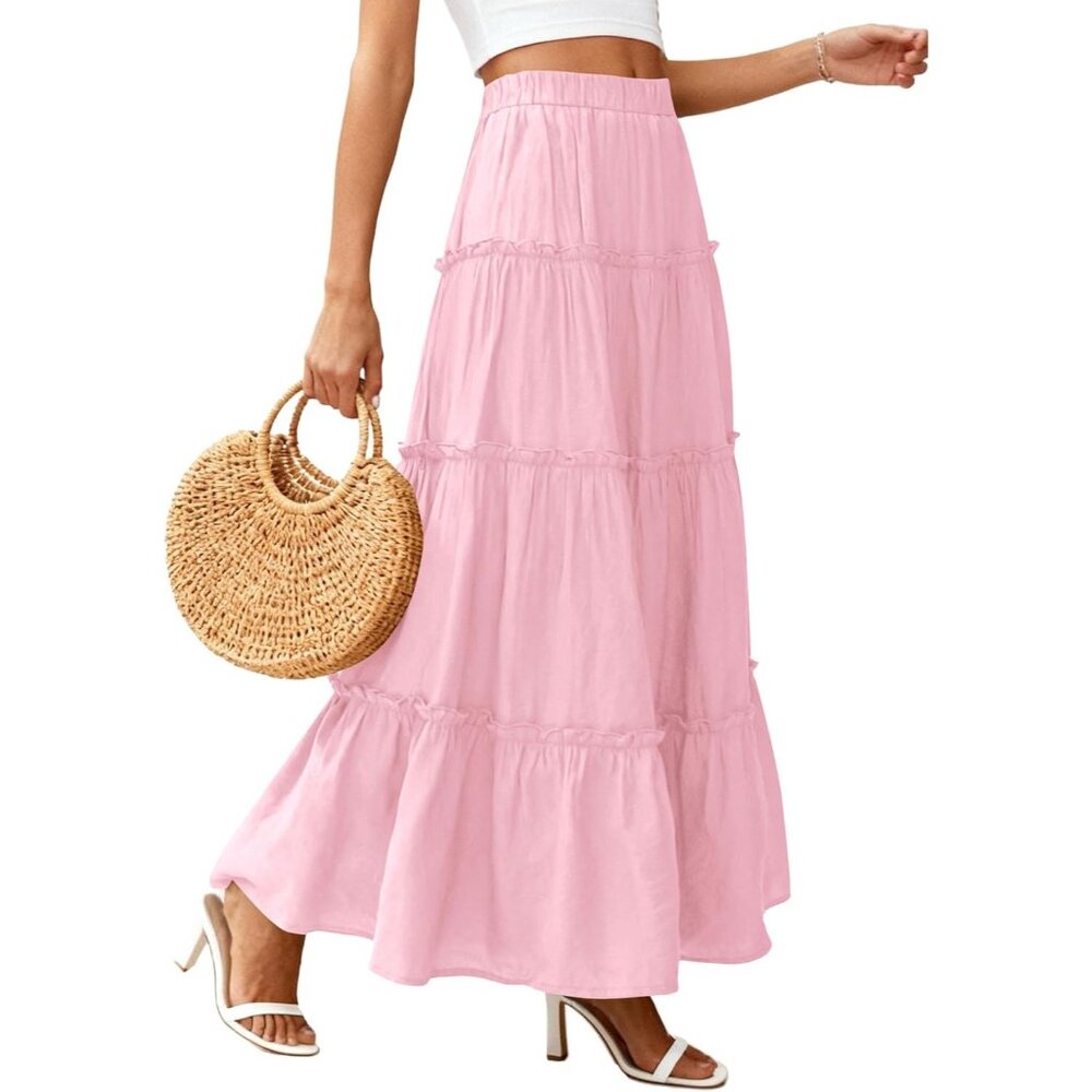 Women's Light Pink Boho Flowy A Line Tiered Beach Vacation Clothes Maxi Skirt - Picture 3 of 6